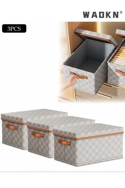 Generic 3 Pack Foldable Non-woven Fabric Storage Boxes with Lid and Handle,Ch...