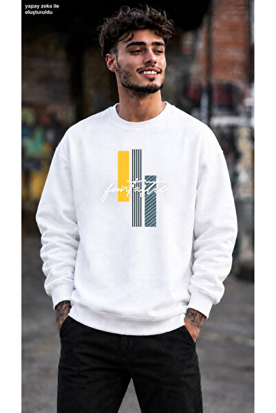 caddekombin Men's Geometric Patterned and Fantastic Written Crew Neck Casual ...