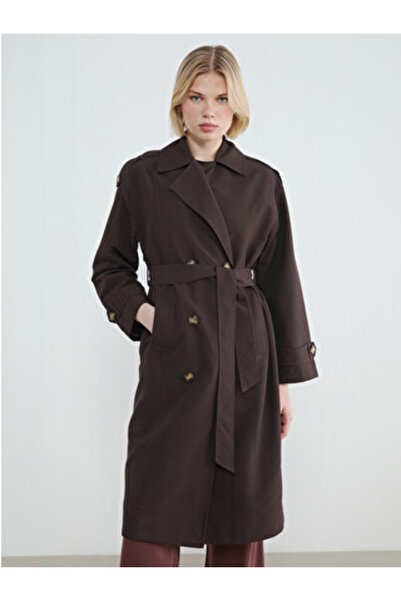 LC Waikiki Brown Double-Breasted Collared Belted Women's Trench Coat