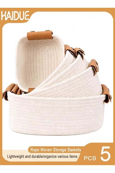 Generic 5 Pcs Cotton Rope Storage Baskets - Heavy Duty Stackable Multi-Size O...