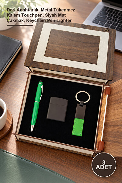 Yenilig Green Keychain Pen and Lighter Set with 3 Special Wooden Boxes – Leat...