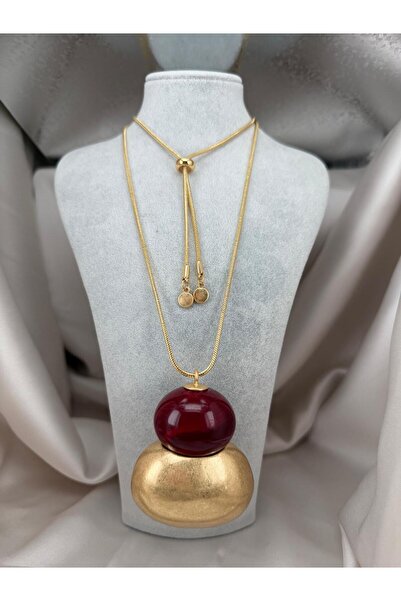 ZS Aksesuar Burgundy Stone Gold Statement Necklace – Adjustable Long Chain wi...