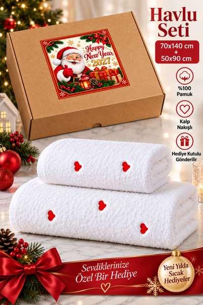 Yılbaşı Hediyesi Kalp Nakışlı %100 Pamuk Hediye Kutulu Banyo Havlusu Seti (70x140 + 50x90 cm) Çeyizlik & Hediyelik İkili Takım