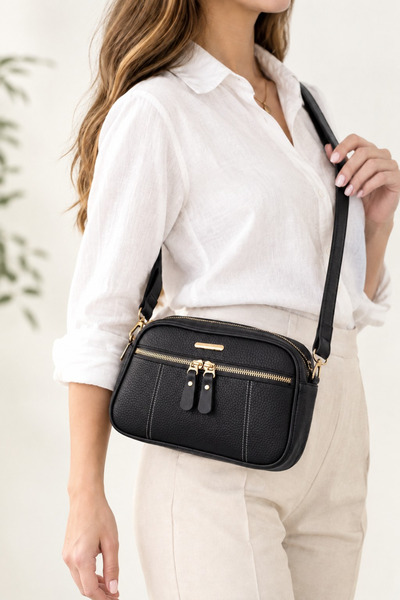 Classbag Women's Black Medium Size Stylish Cross Shoulder Bag with Front Zipper Pocket and 4 Compartments