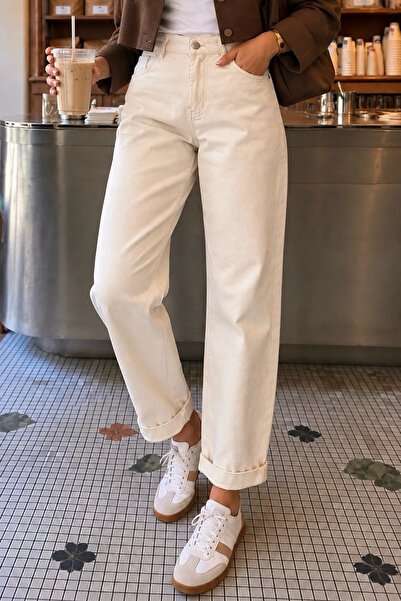 Moda Algan Paçası Katlamalı Mom Pantolon MA10095 Bej