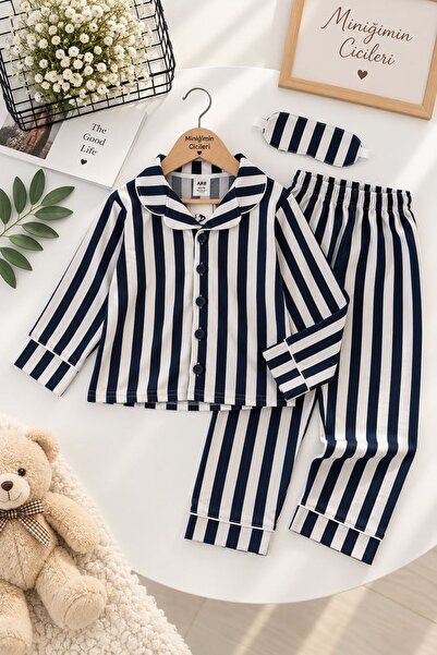 Minigimin Cicileri Stick Pattern Eye Patch Boys' Seasonal Pajama Set - Navy Blue