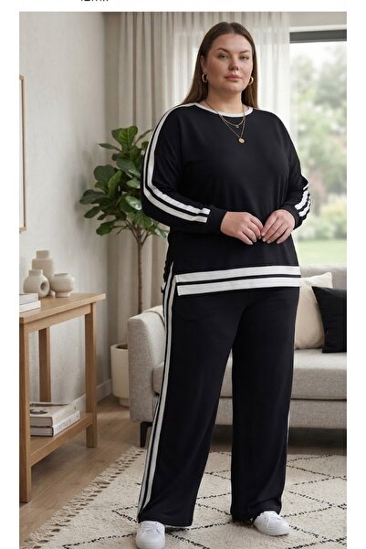 Özgür White Piping Detailed Soft Plus Size Tracksuit Set