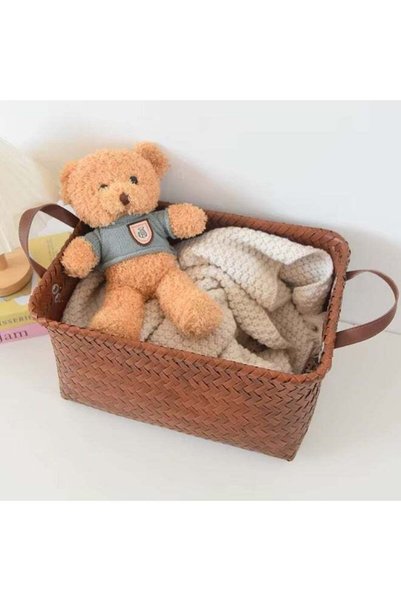 Generic Faux-Leather Woven Storage Basket with Side Handles