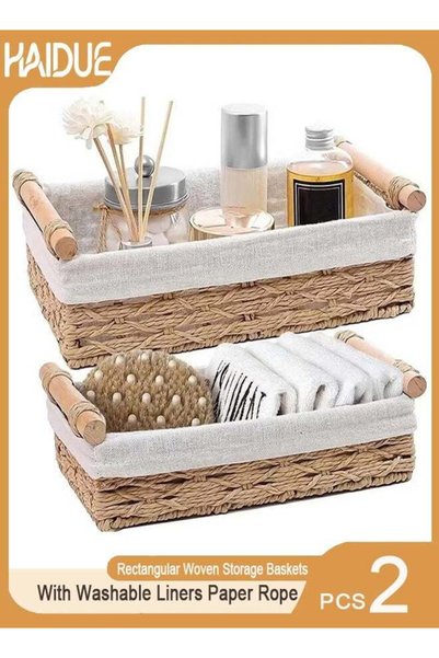 Generic Set Of 2 Rectangular Woven Storage Baskets With Washable Liners Paper...