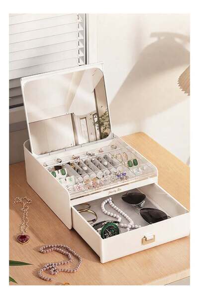 Generic Double Layer Jewelry Organizer Box with Mirror, Slide Open Drawer Jew...