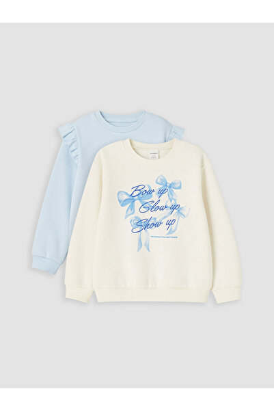 LC Waikiki Ozmarka New Season Blue Printed Ruffle Sweatshirt for Girls, 2-Pie...