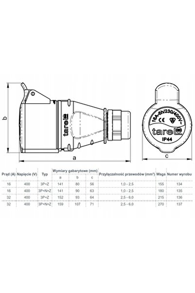 Tarel Priză portabilă izolată 16A 400V roșu 3P+Z IP44 - EX-TGN-134