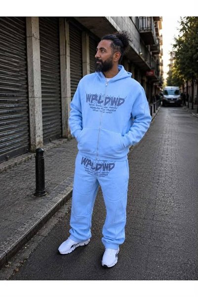 coho moda Unisex Oversize Printed Zippered Blue Tracksuit Set