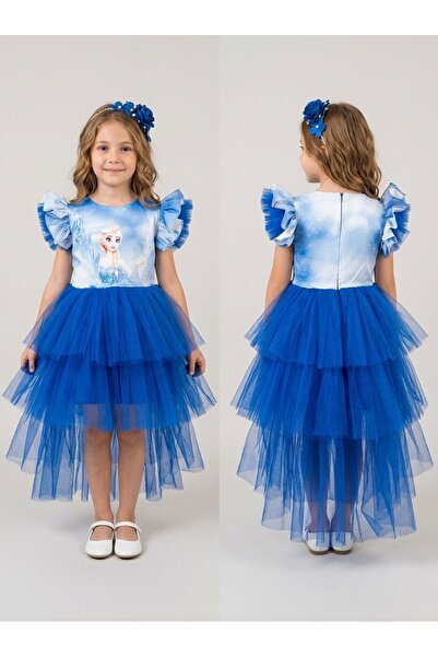 MİSS RONA KİDS Elsa Printed Layered Tail Fluffy Children's Evening Dress and ...