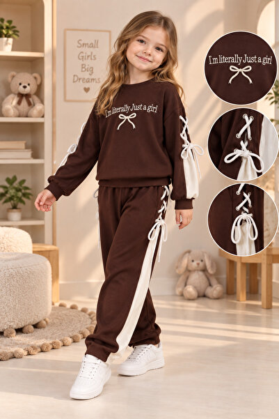 zepkids Girl's Brown Tracksuit Set Oysho Fabric Quality Sweatshirt Pants Draw...