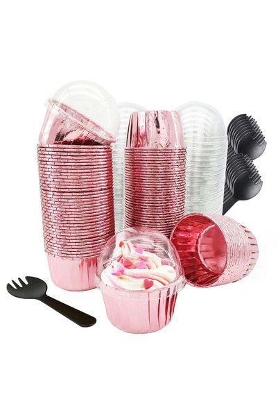 Generic Rose Gold Cupcake Liners with Dome Lids - 3.5oz Mini Foil Baking Cups...