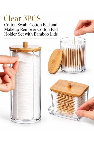 Generic 3PCS Cotton Organizer Set with Bamboo Lids, Clear Acrylic Cotton Swab...