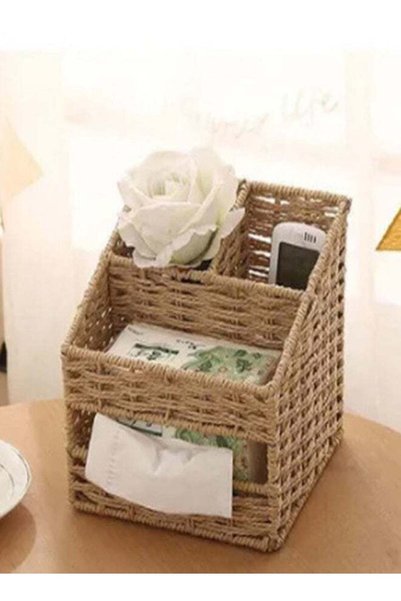 Generic Handmade Woven Straw Multi-Functional Desktop Organizer and Tissue Bo...