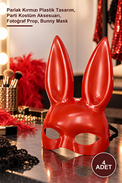 4 Adet Uzun Kulaklı Tavşan Maskesi – Parlak Kırmızı Plastik Tasarım, Parti Kostüm Aksesuarı, Fotoğraf Prop, Bunny Mask