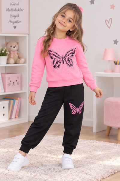 SERPİL Kız Çocuk Eşofman Takımı – Pembe Kelebek Baskılı Sweatshirt Siyah Pant...