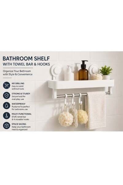 Generic Wall Mounted Suction Cup Shelf with Towel Bar & Hooks – No Drill Stor...