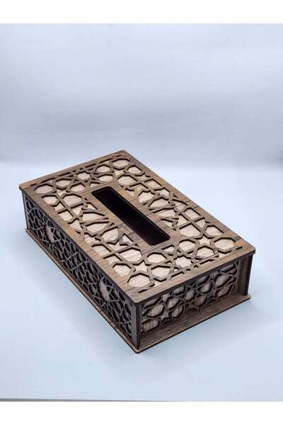 Generic Wooden Dark Brown Tissue Box Cover with Geometric Cutwork Design Faci...