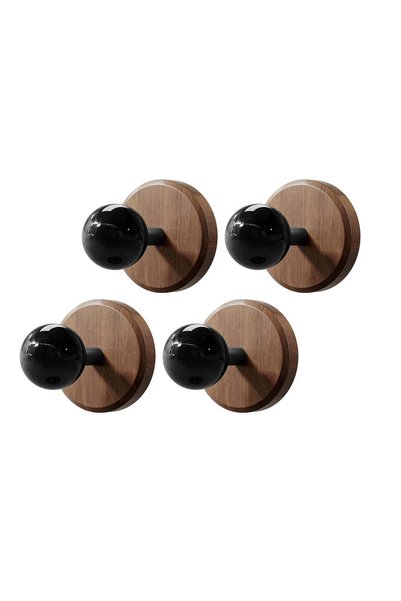 Generic Modern Wall Hooks Set, Walnut Wood Base, Black Spherical Knob, 4-Pack