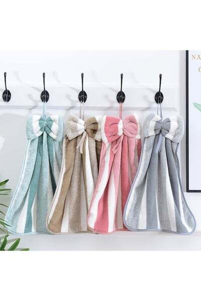 Generic 4 Pieces Hanging Hand Dry Towels with Bow Tie, Modern Coral Velvet Qu...