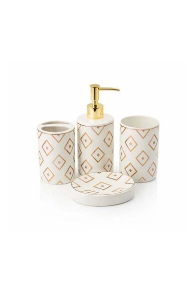 Generic Béram 4-Piece Ceramic Bathroom Accessories Set, White & Gold Geometri...