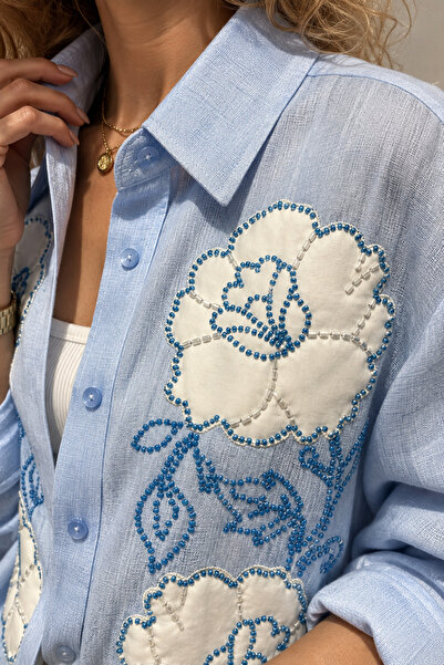 studio fashion 1988 Blue Bead Embroidered Oversize Loose Cotton Viscose Shirt
