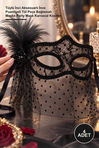 Yenilig 4 Pieces Black Lace Tulle Veil Party Mask – Fine Polka Dot Tulle Veil...