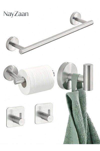 Generic 5-Piece Brushed Silver Bathroom Hardware Set, Stainless Steel Round W...