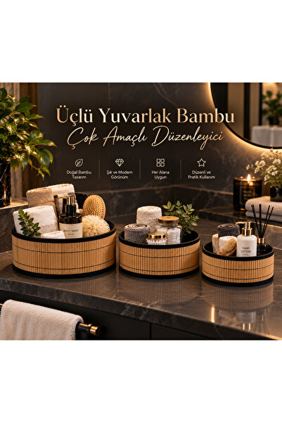 DECOFORM Üçlü Yuvarlak Bambu Çok Amaçlı Düzenleyici Seti,3 Boy Dekoratif Bany...