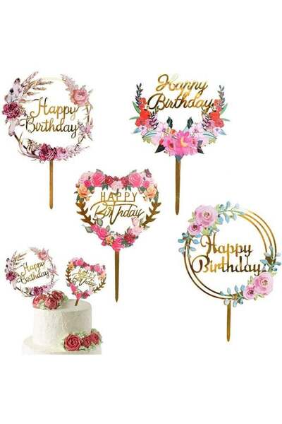 Generic 4 Pcs Flowers Cake Toppers Acrylic Happy Birthday Cake Toppers Variou...
