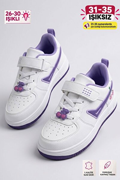 AlbiShoes Çocuk Işıklı Okul Günlük Spor Ayakkabı Kiraz Desenli Cırtlı Kaymaz Taban Rahat Sneaker