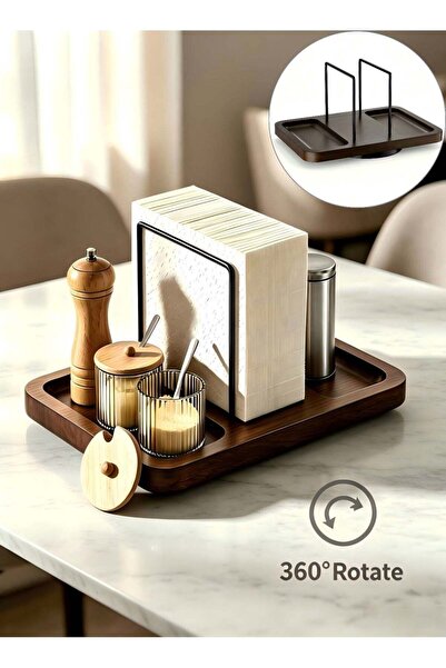 Generic Wooden tissue holder, walnut with salt and pepper shaker, table rotat...