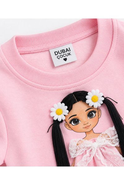 DUBAİ ÇOCUK Girl's Baby Figure 2-Piece Sweatshirt and Wide-Leg Pants Set, Ages 3-8