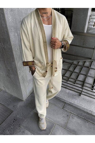 Dayıbalı Etnik Desenli Pamuklu Dokuma Kimono Pantolon Takımı