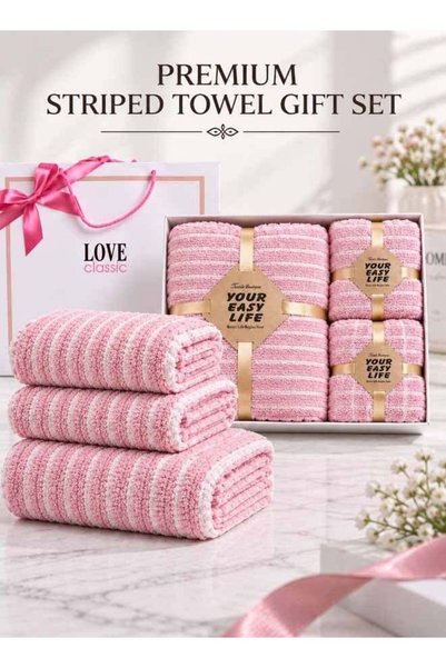 Generic 3-Piece Coral Fleece Towel Set, Soft Fast Absorbent Pink Striped Bath...