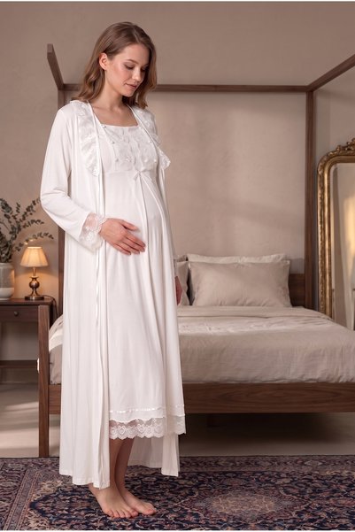 Lohusa Dünyasi Women's Ecru Lace Maternity Nightgown Set with Nursing Features and Robe