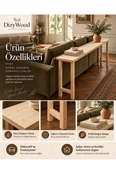 DizyWood Doğal Ahşap Koltuk Arkası Konsol Sehpa 180x30x80 cm Masif Çam Dresuar