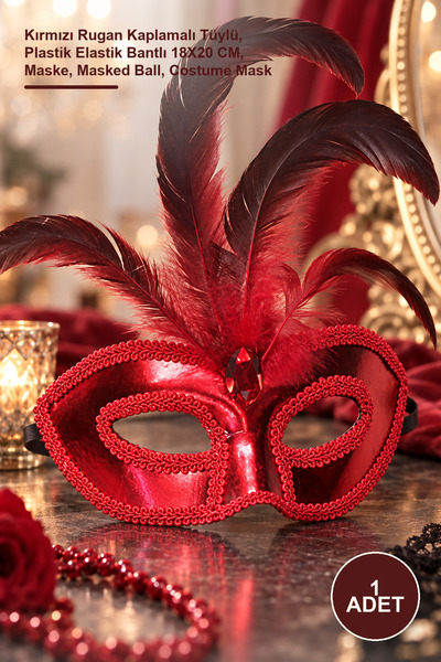 Yenilig 1 Piece Party Mask – Red Patent Leather Covered with Feathers, with P...