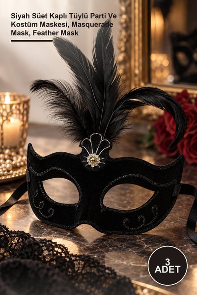 Yenilig 3 Pieces of Prom Masks – Black Suede Covered Feather Party and Costum...