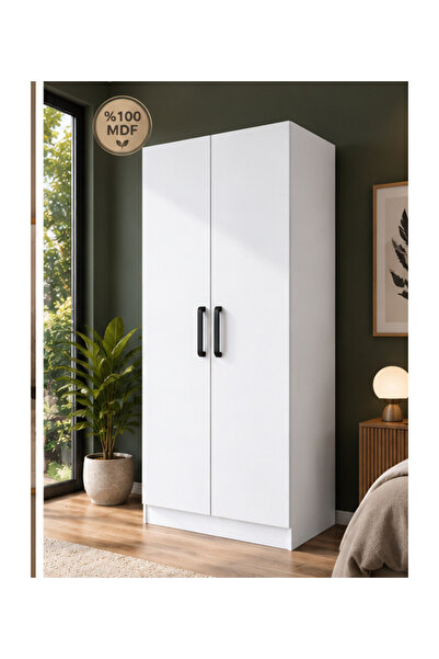 yılbay design Gardırop 2 Kapaklı Raflı 2 Askılı Elbise Dolabı Beyaz