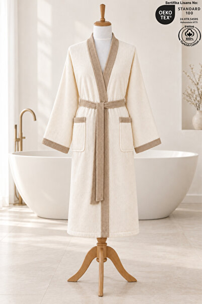Ellaline 1 Piece Kimono Striped Bathrobe 100% Cotton Certified Contrast Unise...