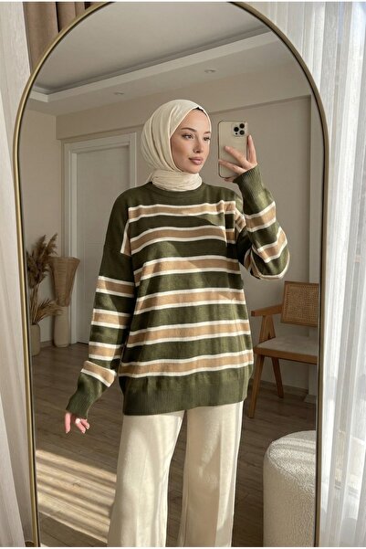 PALME D'OR Women's Striped Knitwear Tunic Oversize Hijab Sweater
