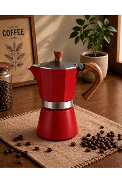 BrewCups Moka Pot 6 Cup Espresso Kahve Demleme Ekipmanı Ocak Üstü Kırmızı