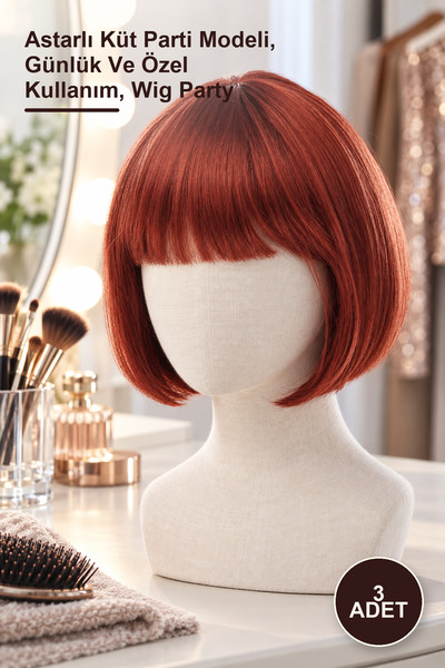 Yenilig 3 pieces red straight cut wig – lined blunt party model, daily and sp...