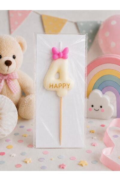 OEM Lumanare aniversara, cifra 4, cu fundita roz, handmade, 13 cm