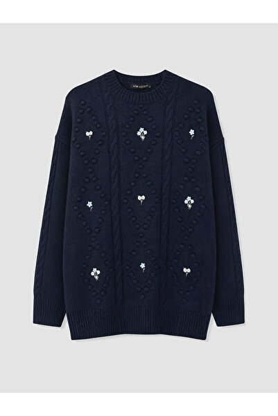 LC Waikiki Nevavm Farkıyla Lcw Modest Navy Blue Knitwear Floral Oval Neck Wom...